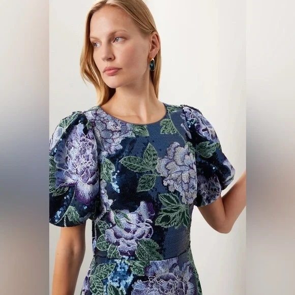 Marchesa Notte Floral Embroidered Puff Sleeve Sequin Midi Dress - Picture 2 of 11